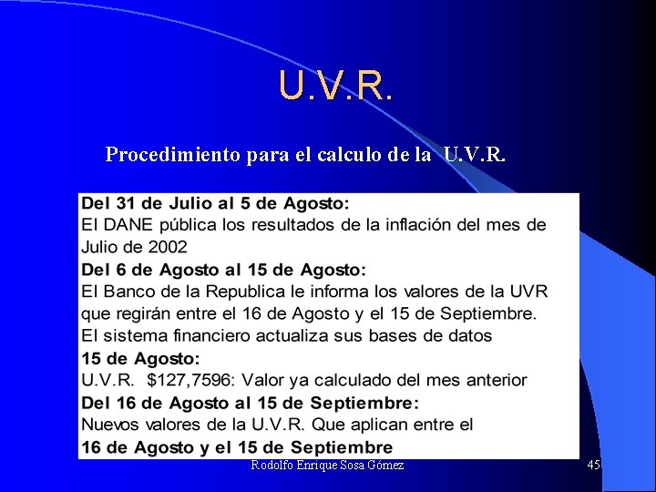 U. V. R. Procedimiento para el calculo de la U. V. R. Rodolfo Enrique