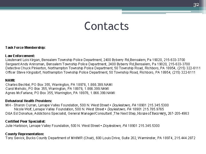 32 Contacts Task Force Membership: Law Enforcement: Lieutenant Lois Kirgan, Bensalem Township Police Department, 32 Contacts Task Force Membership: Law Enforcement: Lieutenant Lois Kirgan, Bensalem Township Police Department,