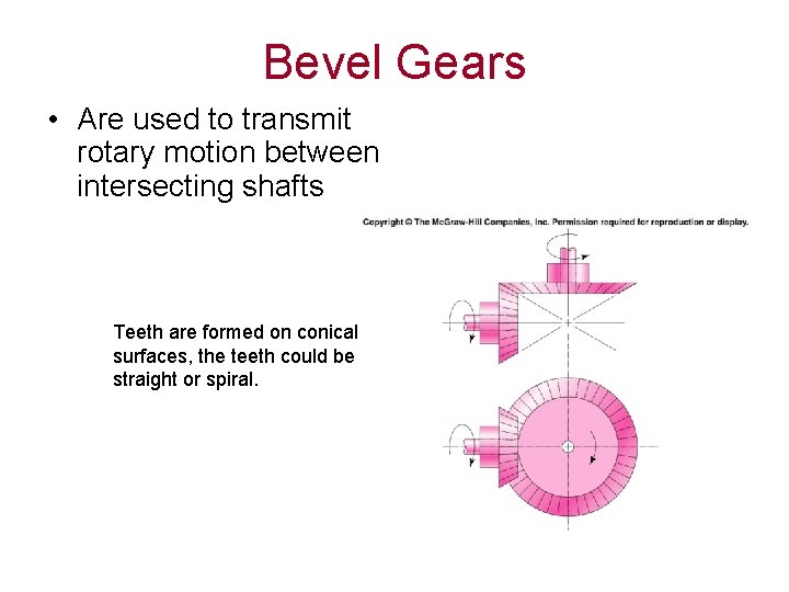 Bevel Gears • Are used to transmit rotary motion between intersecting shafts Teeth are