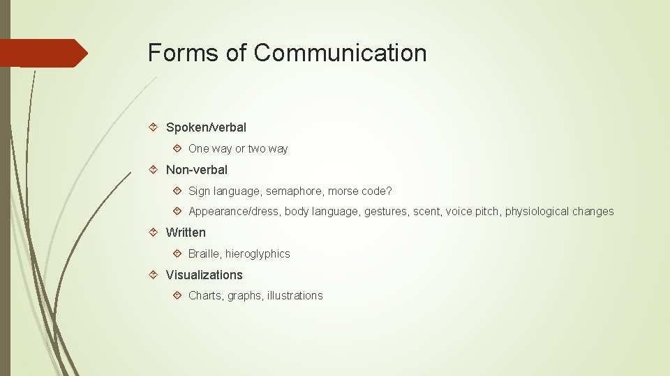 Forms of Communication Spoken/verbal One way or two way Non-verbal Sign language, semaphore, morse