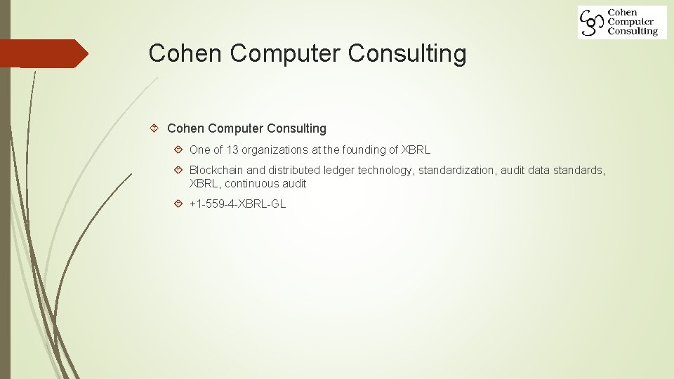 Cohen Computer Consulting One of 13 organizations at the founding of XBRL Blockchain and