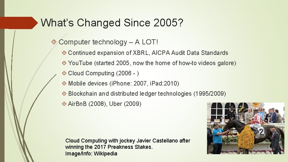 What’s Changed Since 2005? Computer technology – A LOT! Continued expansion of XBRL, AICPA