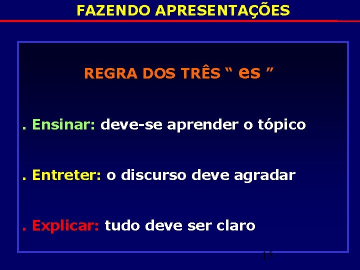 FAZENDO APRESENTAÇÕES REGRA DOS TRÊS “ es ” . Ensinar: deve-se aprender o tópico.