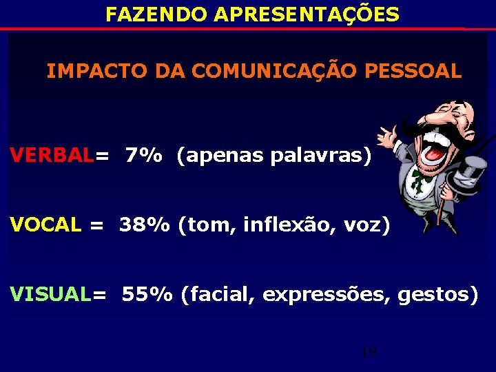 FAZENDO APRESENTAÇÕES IMPACTO DA COMUNICAÇÃO PESSOAL VERBAL= 7% (apenas palavras) VOCAL = 38% (tom,