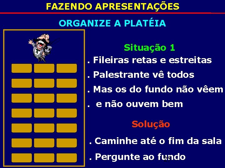 FAZENDO APRESENTAÇÕES ORGANIZE A PLATÉIA Situação 1. Fileiras retas e estreitas. Palestrante vê todos.