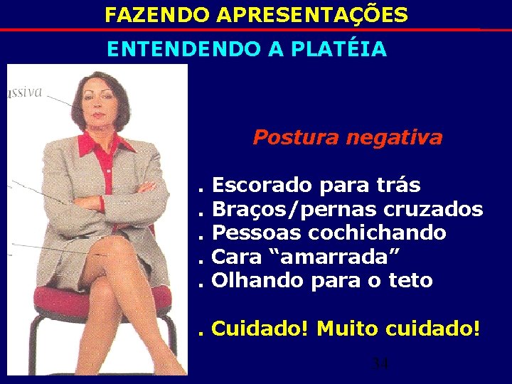 FAZENDO APRESENTAÇÕES ENTENDENDO A PLATÉIA Postura negativa. . . Escorado para trás Braços/pernas cruzados