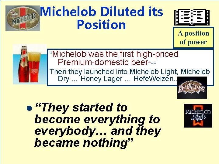 Michelob Diluted its Position A position of power “Michelob was the first high-priced Premium-domestic