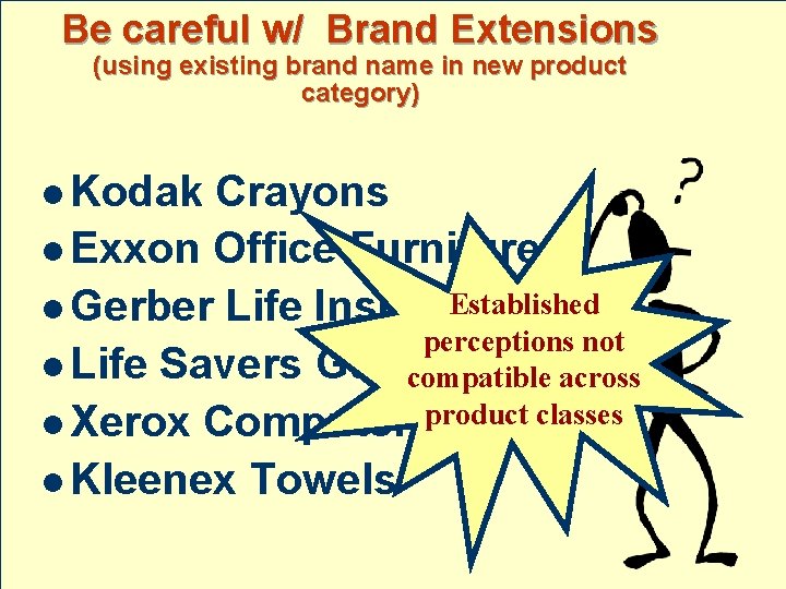 Be careful w/ Brand Extensions (using existing brand name in new product category) l