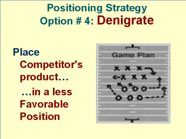 Positioning Strategy Option # 4: Denigrate Place Competitor's product… …in a less Favorable Position