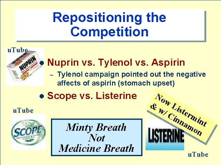 Repositioning the Competition u. Tube l Nuprin vs. Tylenol vs. Aspirin – l Tylenol