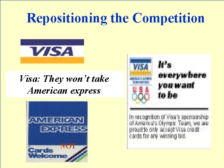 Repositioning the Competition Visa: They won’t take American express NOT 