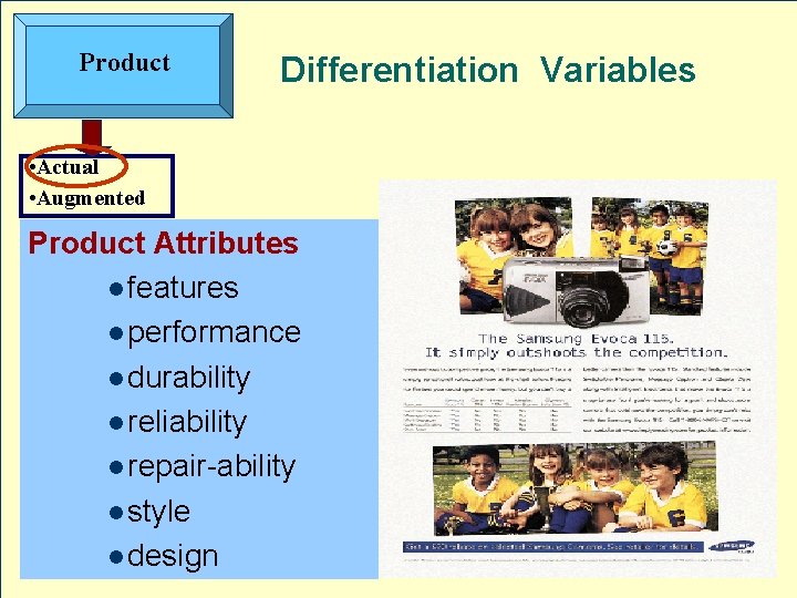 Product Differentiation Variables • Actual • Augmented Product Attributes l features l performance l