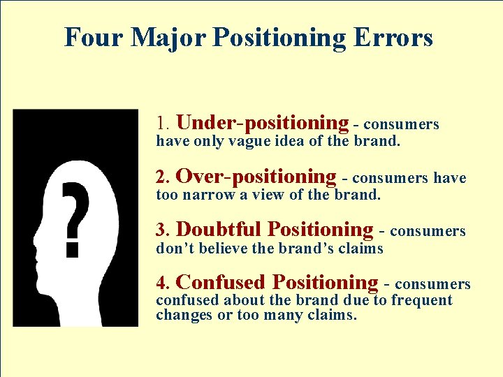 Four Major Positioning Errors 1. Under-positioning - consumers have only vague idea of the