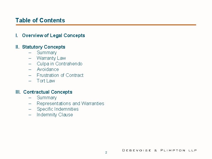Table of Contents I. Overview of Legal Concepts II. Statutory Concepts – Summary –