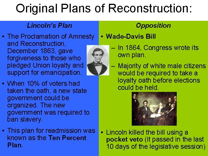 Original Plans of Reconstruction: Lincoln’s Plan Opposition • The Proclamation of Amnesty • Wade-Davis