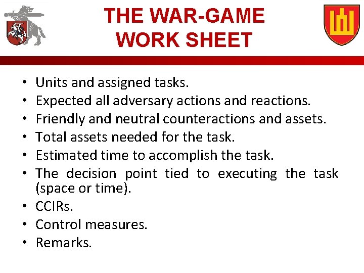 THE WAR-GAME WORK SHEET Units and assigned tasks. Expected all adversary actions and reactions.