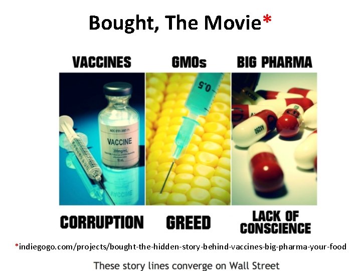 Bought, The Movie* *indiegogo. com/projects/bought-the-hidden-story-behind-vaccines-big-pharma-your-food 