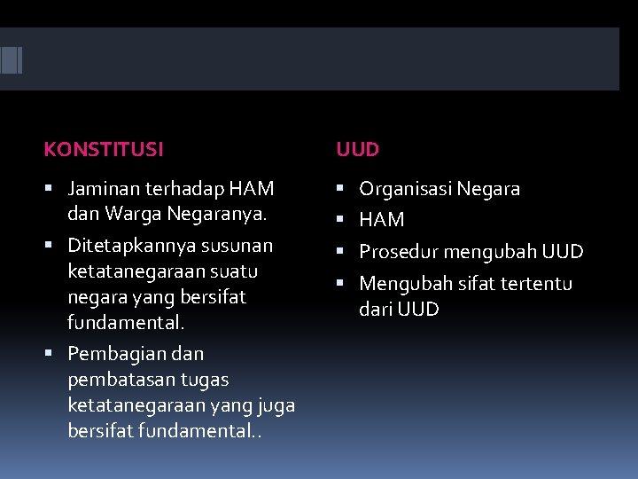 KONSTITUSI UUD Jaminan terhadap HAM dan Warga Negaranya. Organisasi Negara Ditetapkannya susunan ketatanegaraan suatu