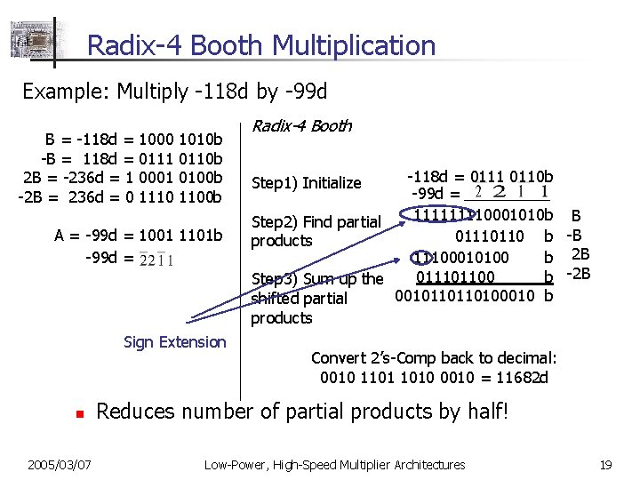 Radix-4 Booth Multiplication Example: Multiply -118 d by -99 d B = -118 d