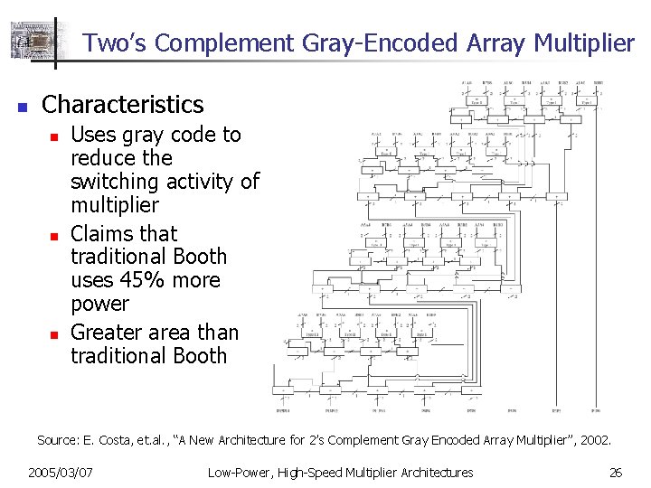 Two’s Complement Gray-Encoded Array Multiplier n Characteristics n n n Uses gray code to