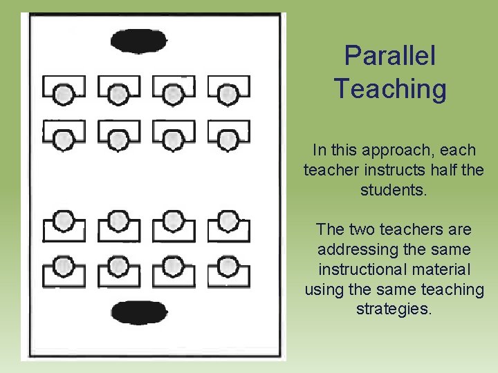 Parallel Teaching In this approach, each teacher instructs half the students. The two teachers