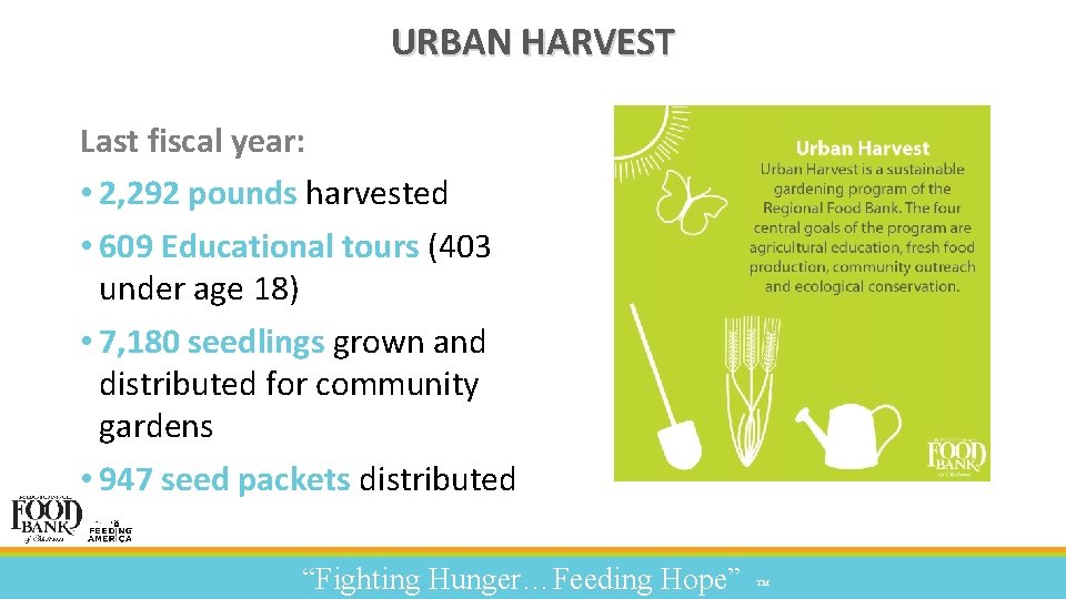 URBAN HARVEST Last fiscal year: • 2, 292 pounds harvested • 609 Educational tours