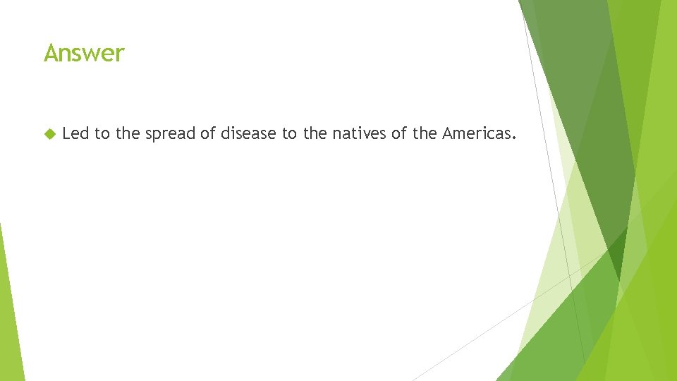 Answer Led to the spread of disease to the natives of the Americas. 