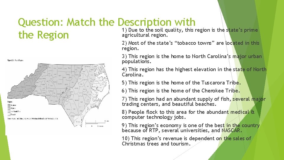 Question: Match the Description with 1) Due to the soil quality, this region is