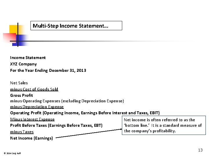 Multi-Step Income Statement… Income Statement XYZ Company For the Year Ending December 31, 2013