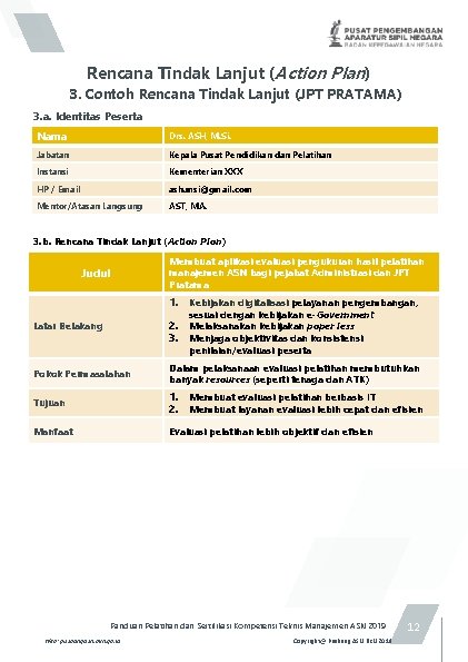 Rencana Tindak Lanjut (Action Plan) 3. Contoh Rencana Tindak Lanjut (JPT PRATAMA) 3. a.