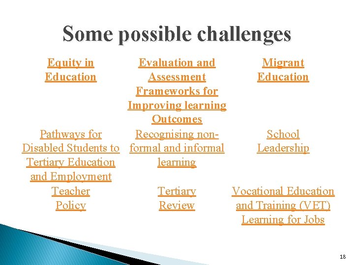 Some possible challenges Equity in Education Evaluation and Migrant Assessment Education Frameworks for Improving