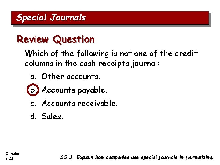 Special Journals Review Question Which of the following is not one of the credit