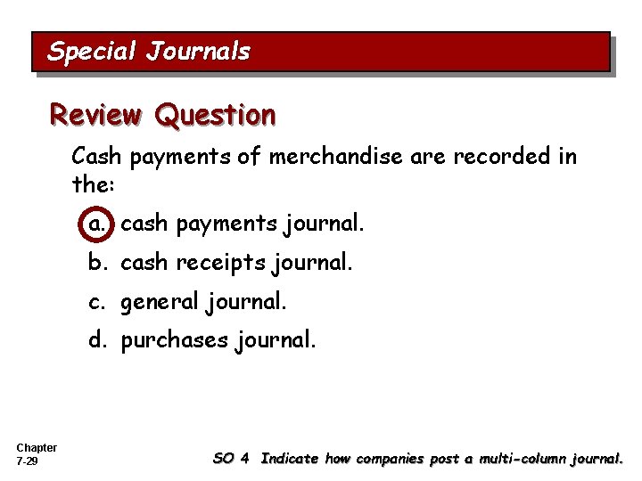 Special Journals Review Question Cash payments of merchandise are recorded in the: a. cash