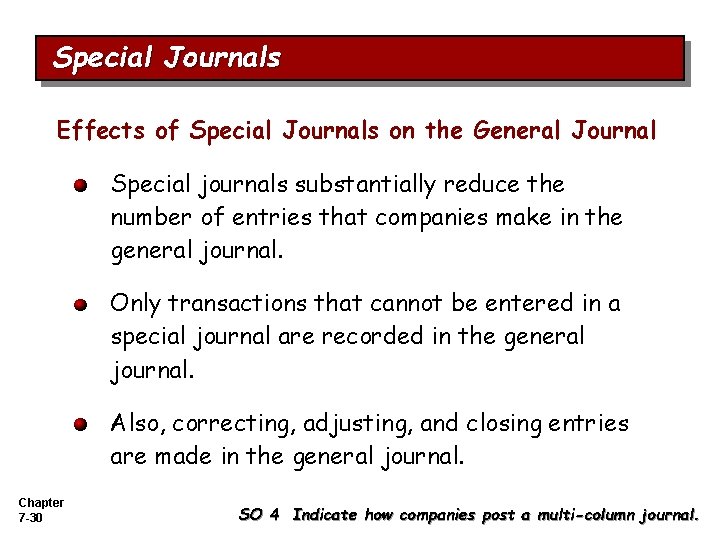 Special Journals Effects of Special Journals on the General Journal Special journals substantially reduce