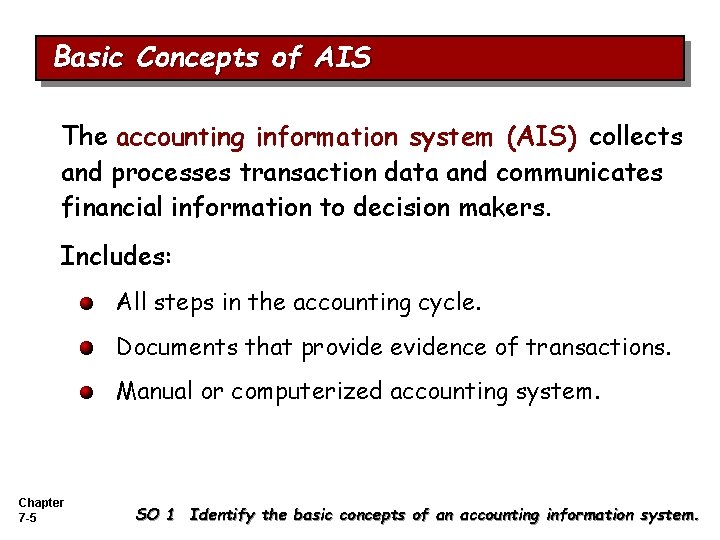Basic Concepts of AIS The accounting information system (AIS) collects and processes transaction data