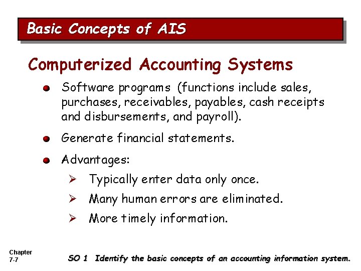 Basic Concepts of AIS Computerized Accounting Systems Software programs (functions include sales, purchases, receivables,