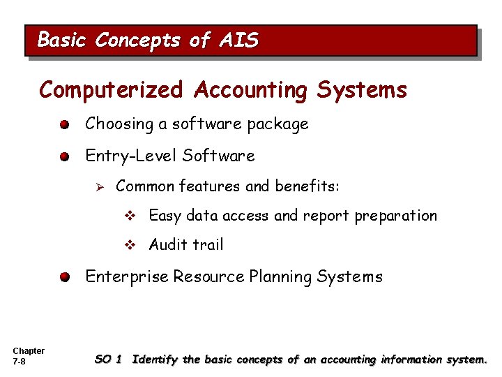 Basic Concepts of AIS Computerized Accounting Systems Choosing a software package Entry-Level Software Ø