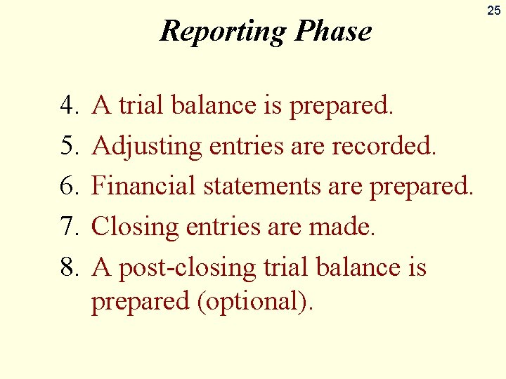 Reporting Phase 4. 5. 6. 7. 8. A trial balance is prepared. Adjusting entries