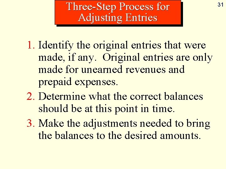 Three-Step Process for Adjusting Entries 1. Identify the original entries that were made, if