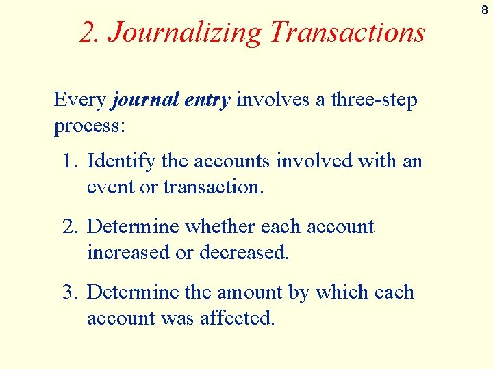 2. Journalizing Transactions Every journal entry involves a three-step process: 1. Identify the accounts