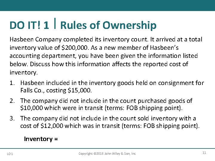 DO IT! 1 Rules of Ownership Hasbeen Company completed its inventory count. It arrived DO IT! 1 Rules of Ownership Hasbeen Company completed its inventory count. It arrived