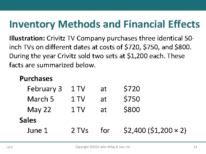 Inventory Methods and Financial Effects Illustration: Crivitz TV Company purchases three identical 50 inch