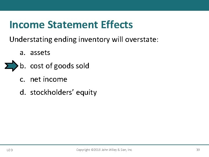 Income Statement Effects Understating ending inventory will overstate: a. assets b. cost of goods