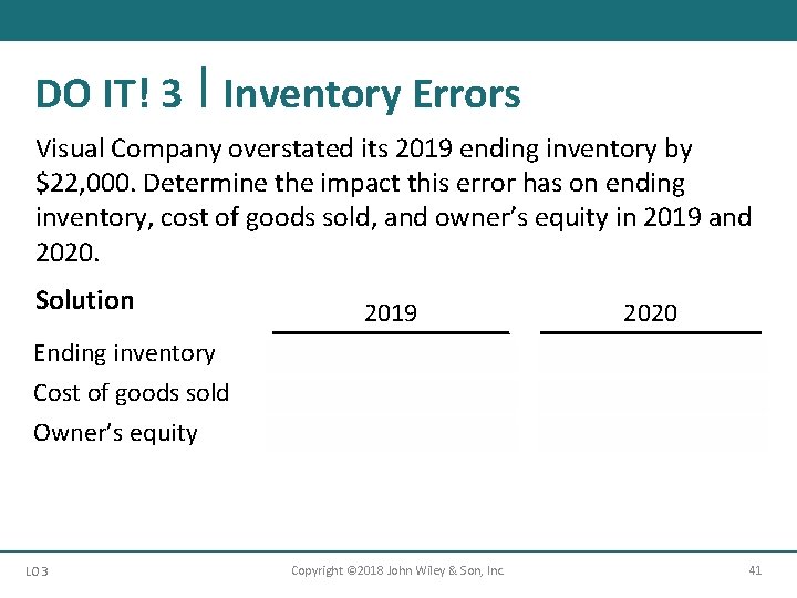 DO IT! 3 Inventory Errors Visual Company overstated its 2019 ending inventory by $22,