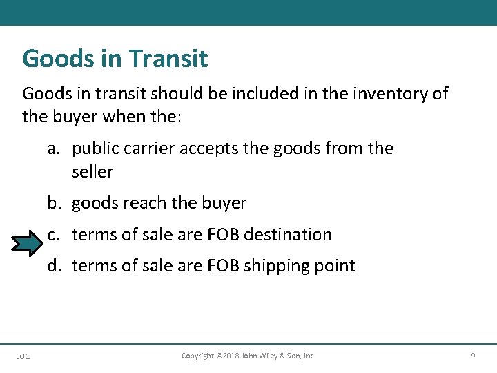 Goods in Transit Goods in transit should be included in the inventory of the