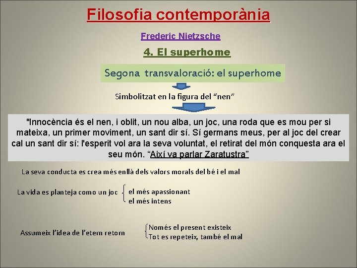 Filosofia contemporània Frederic Nietzsche 4. El superhome Segona transvaloració: el superhome Simbolitzat en la Filosofia contemporània Frederic Nietzsche 4. El superhome Segona transvaloració: el superhome Simbolitzat en la