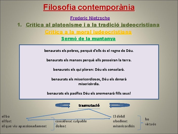 Filosofia contemporània Frederic Nietzsche 1. Crítica al platonisme i a la tradició judeocristiana Crítica Filosofia contemporània Frederic Nietzsche 1. Crítica al platonisme i a la tradició judeocristiana Crítica