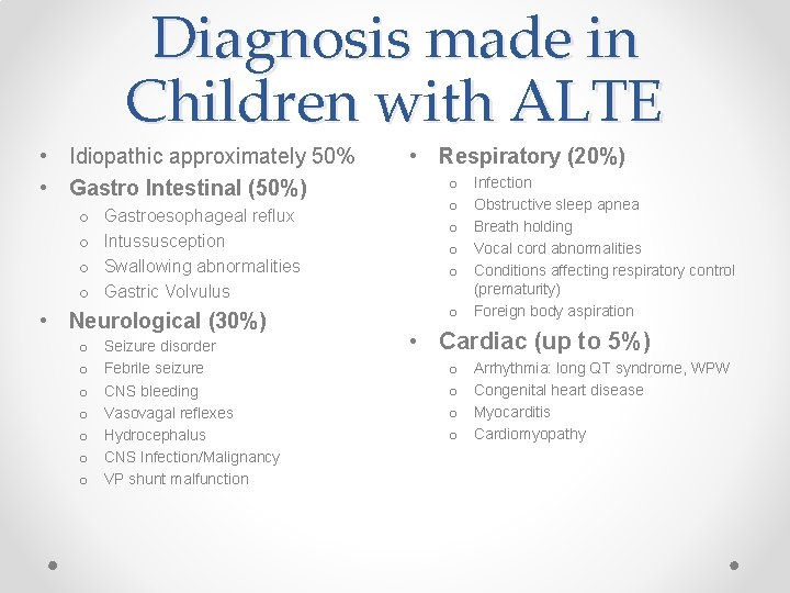 Diagnosis made in Children with ALTE • Idiopathic approximately 50% • Gastro Intestinal (50%)