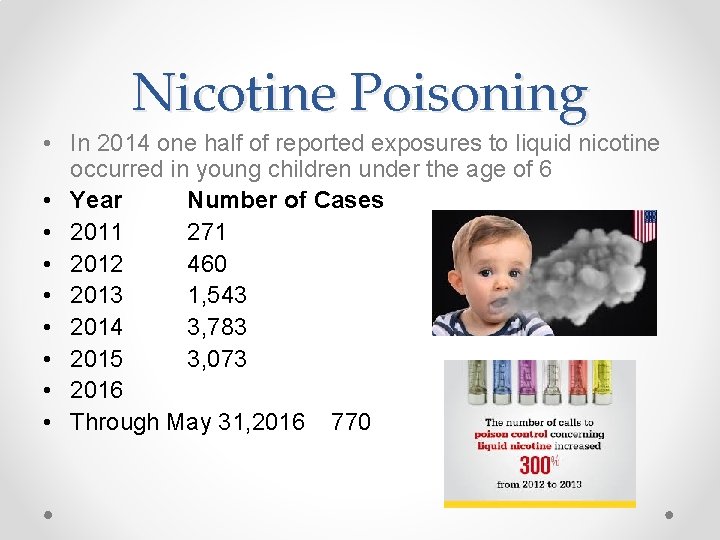 Nicotine Poisoning • In 2014 one half of reported exposures to liquid nicotine occurred