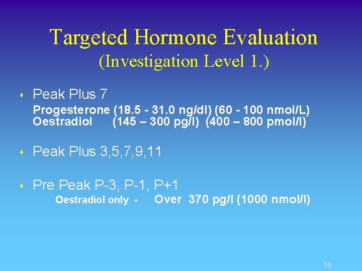 Targeted Hormone Evaluation (Investigation Level 1. ) s Peak Plus 7 Progesterone (18. 5